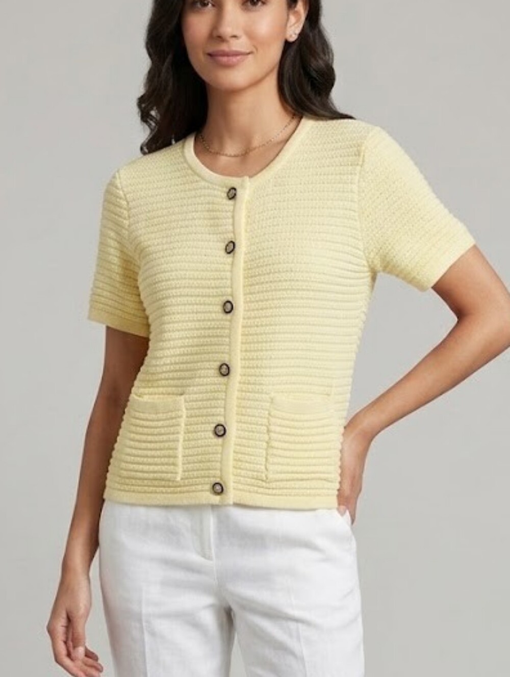 Joie Short-Sleeve Knit Cardigan Sweater Butter Yellow Size Large Grandmacore